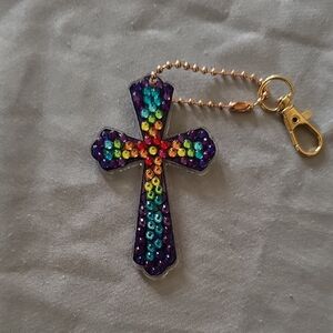 Colorful Rhinestone Cross Keychain with Gold Chain